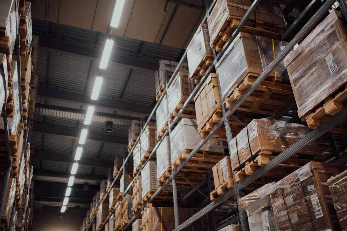 Amazon FBA seller checking VAT obligations on a laptop beside stock boxes in a warehouse