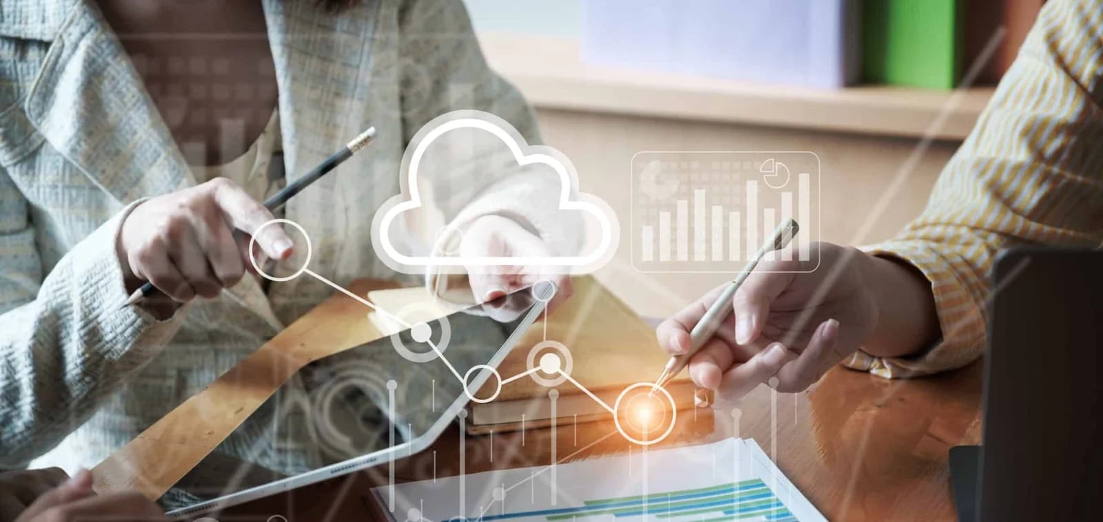 A digital cloud storage icon with data analytics graphs.