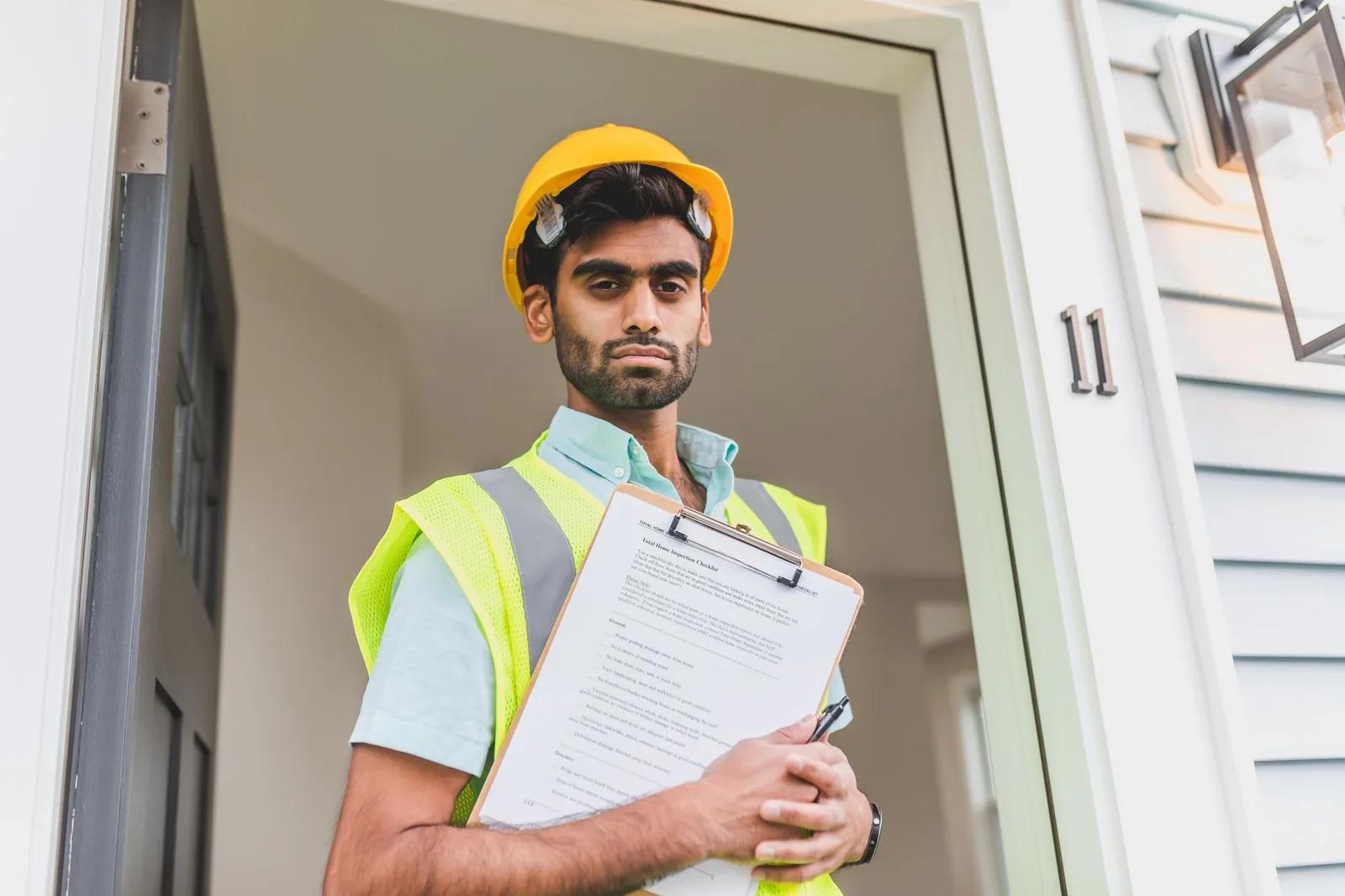 UK builder on a construction site reviewing CIS paperwork and receipts with an accountant