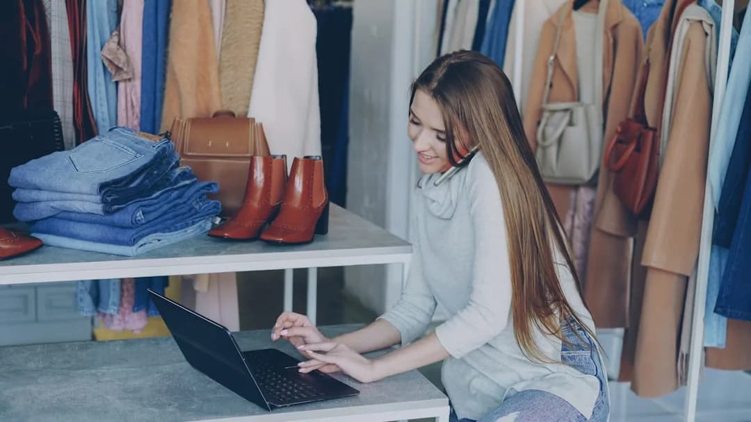 A UK Shopify seller checking sales and VAT figures on a laptop at a packing desk