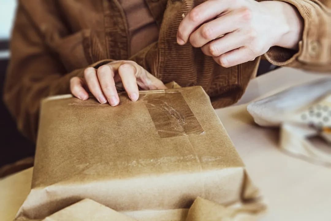 An eBay seller at a desk packing a parcel and checking cross-border VAT on a laptop