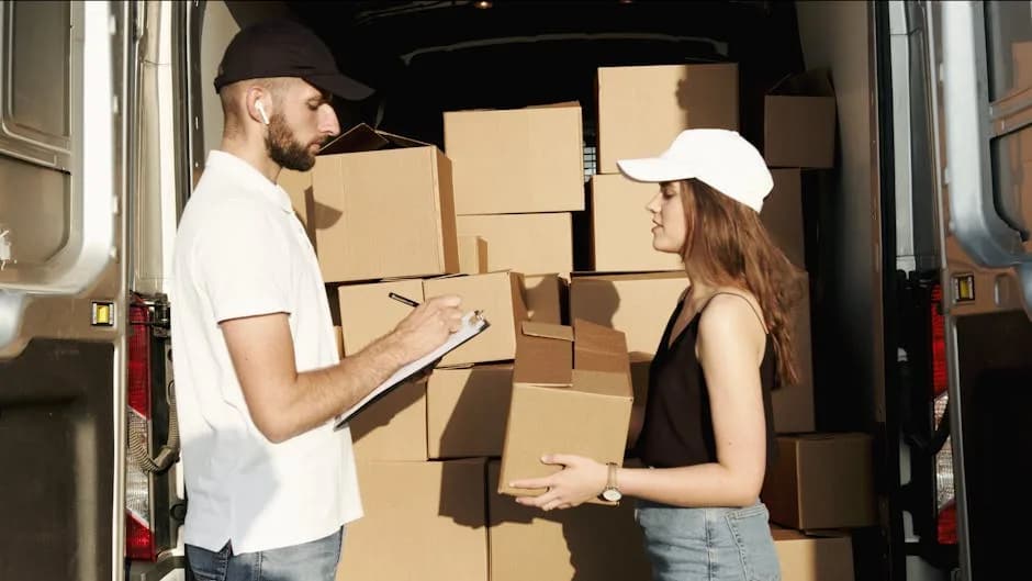 A UK ecommerce seller packing Amazon parcels at a desk while checking VAT records on a laptop