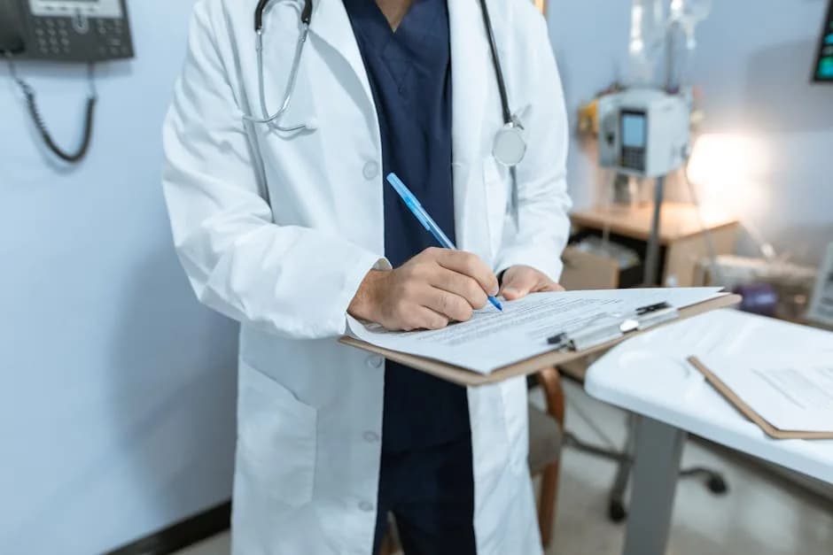 A locum GP at a practice desk completing pension paperwork after a session