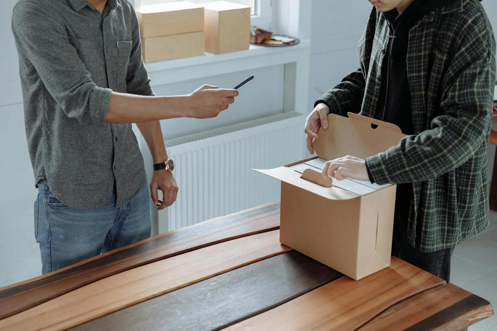 A TikTok creator at a desk with a received PR box on one side and outgoing parcels of their own stock on the other, comparing the two on a laptop