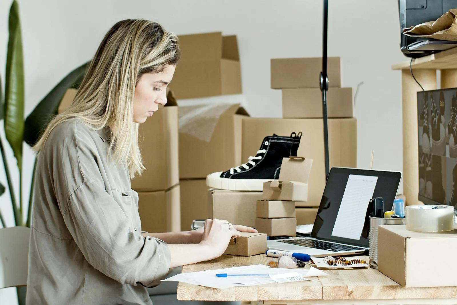 A UK TikTok Shop seller at a desk reviewing a settlement report on a laptop next to accounting software showing sales and fees
