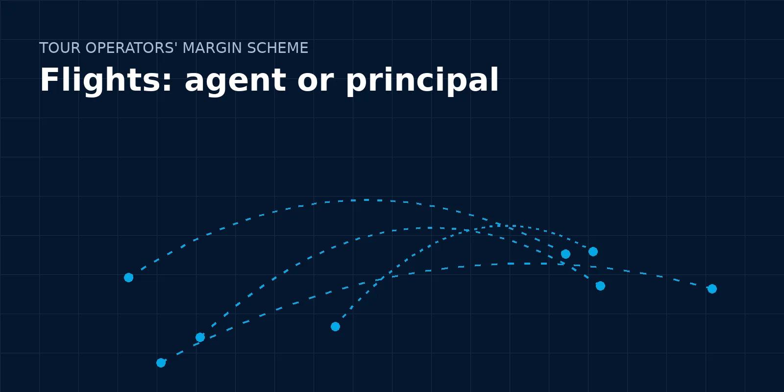 Branded illustration: dotted flight paths on a navy grid, titled Flights: agent or principal