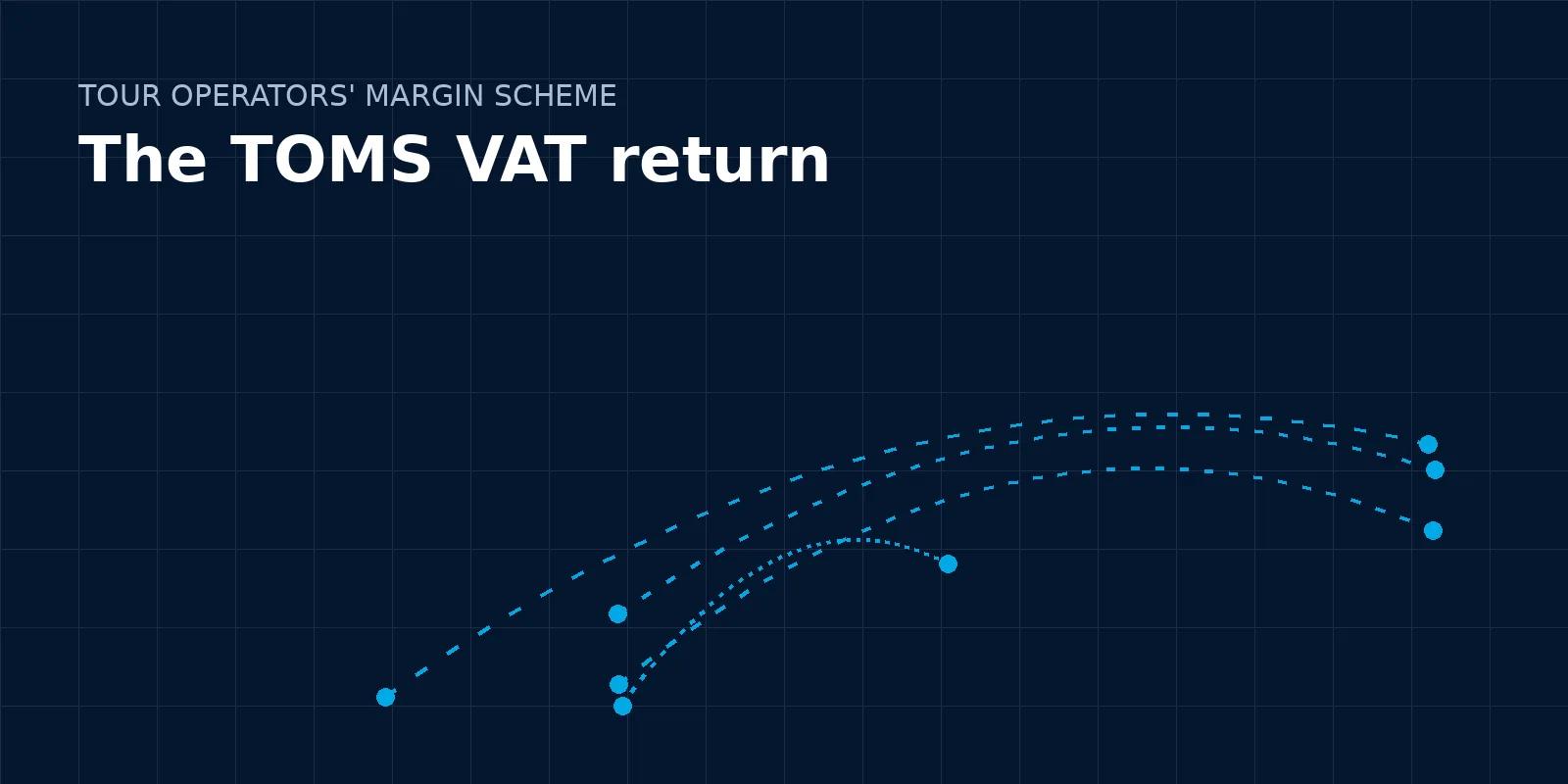Branded illustration: dotted flight paths on a navy grid, titled The TOMS VAT return