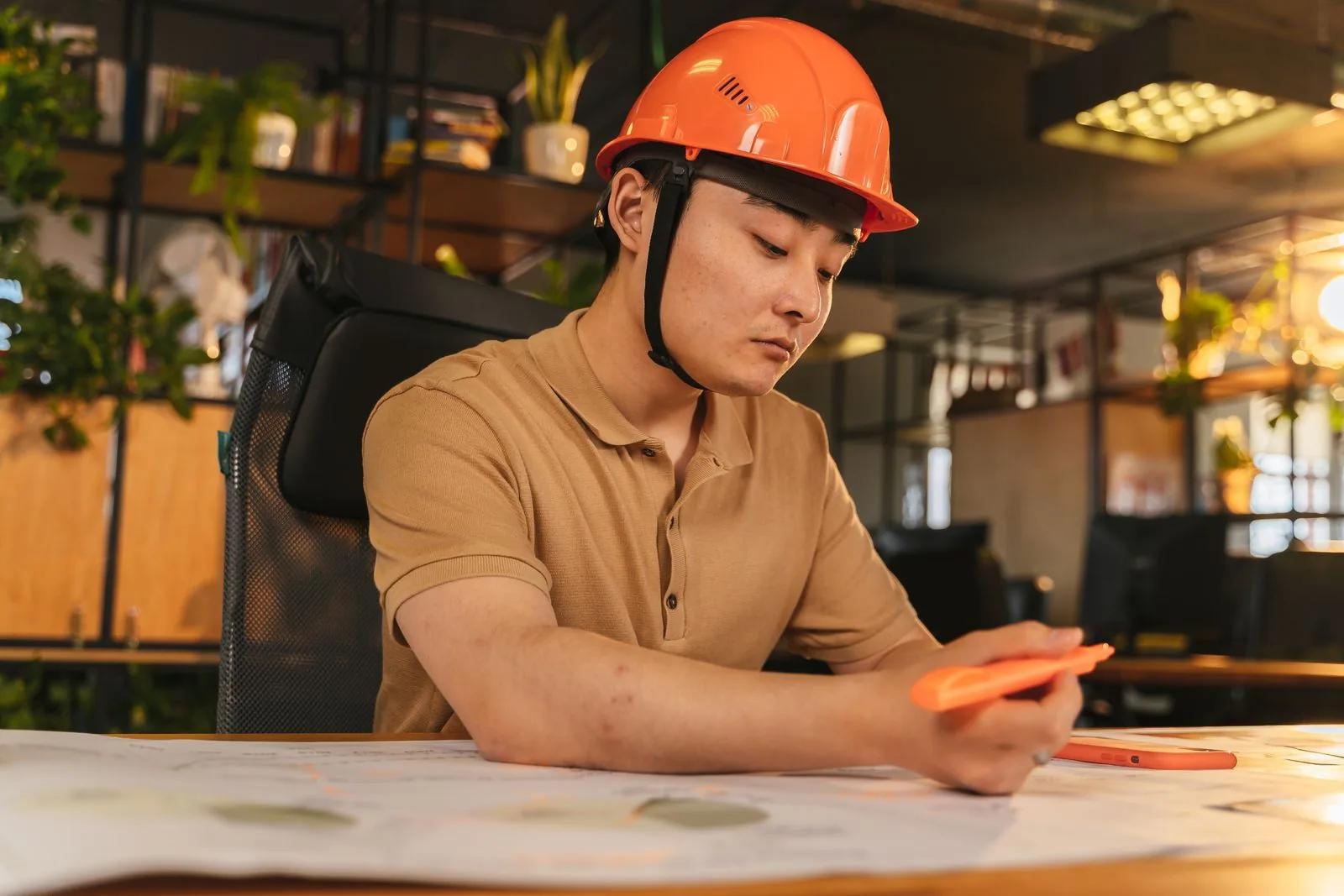 Contractor reviewing project paperwork at a desk