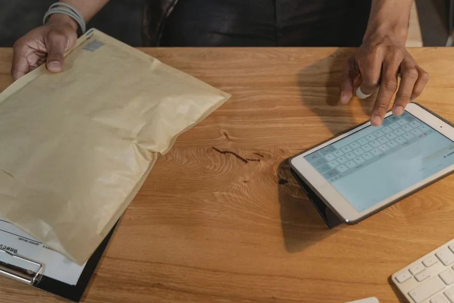 An Amazon seller tallying postage and packaging costs on a tablet calculator beside a padded mailer An Amazon seller tallying postage and packaging costs on a tablet calculator beside a padded mailer