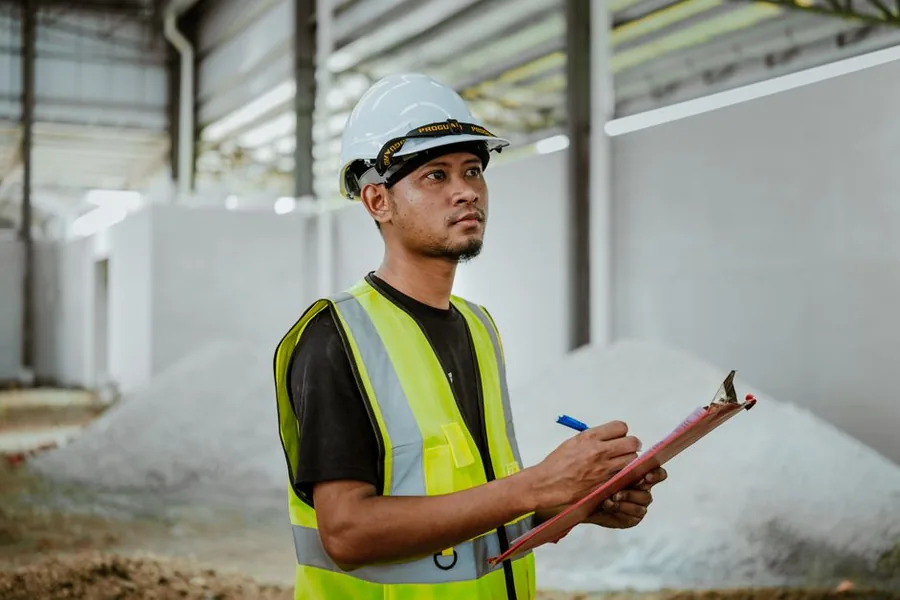 A UK contractor in a hi-vis vest and hard hat working through a checklist on a clipboard on site A UK contractor in a hi-vis vest and hard hat working through a checklist on a clipboard on site