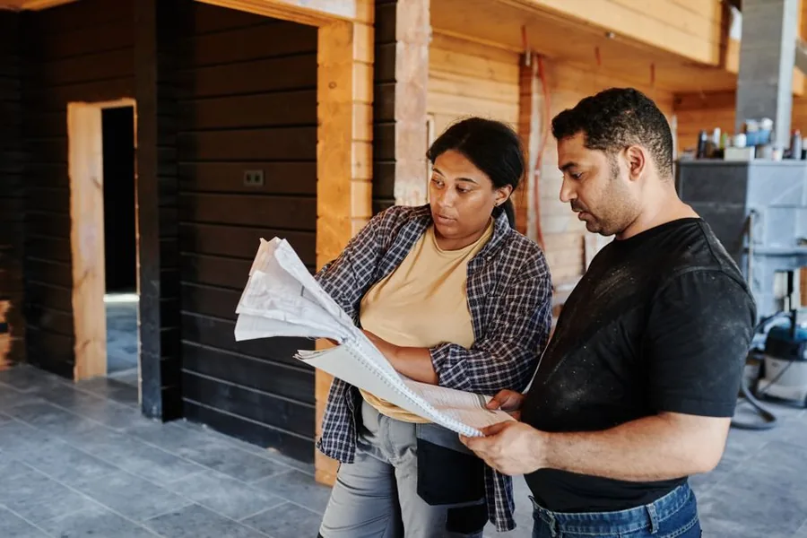 Two construction workers on site reviewing subcontractor paperwork, the kind of records a contractor gathers to file a CIS300 monthly return Two construction workers on site reviewing subcontractor paperwork, the kind of records a contractor gathers to file a CIS300 monthly return