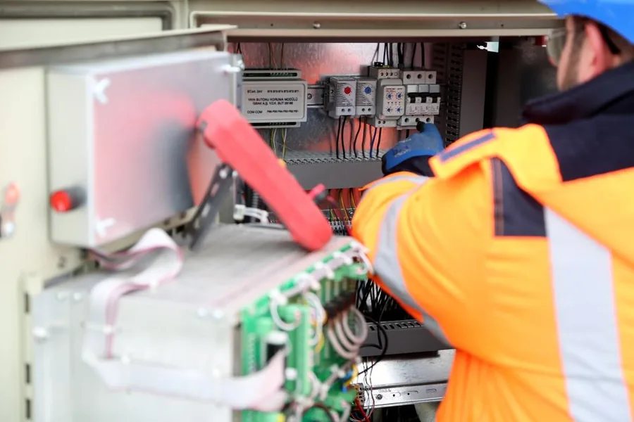 A self-employed electrician in hi-vis wiring an electrical control panel on a job site A self-employed electrician in hi-vis wiring an electrical control panel on a job site