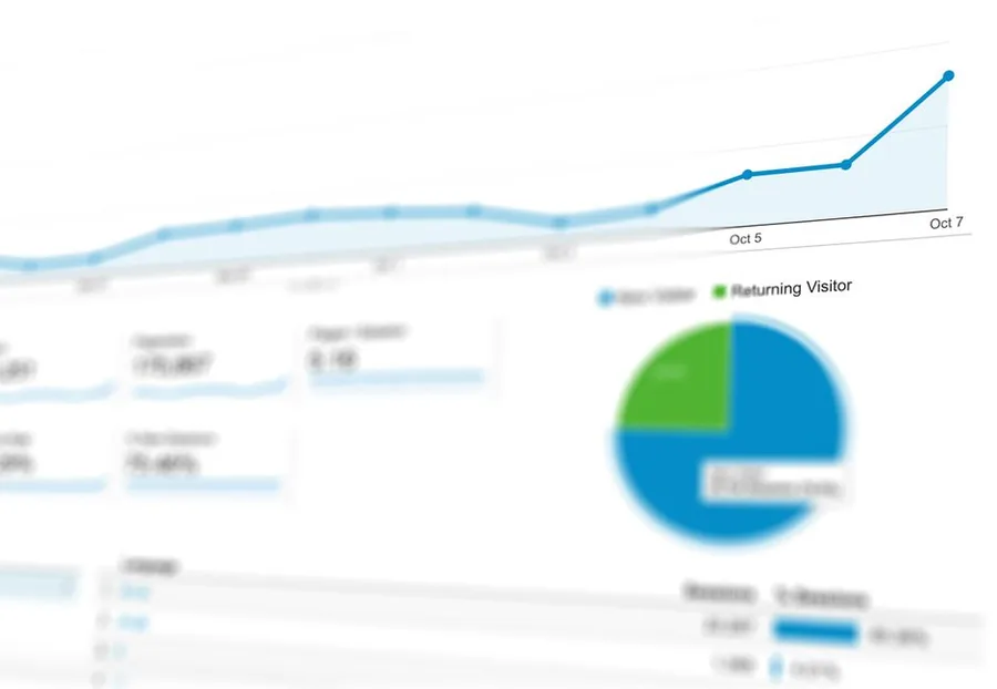 A performance dashboard tracking key business metrics, with a rising trend line and a breakdown of new versus returning visitors A performance dashboard tracking key business metrics, with a rising trend line and a breakdown of new versus returning visitors