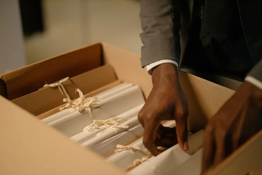 Filing bundled paper records into a cardboard archive box for safe long-term storage Filing bundled paper records into a cardboard archive box for safe long-term storage
