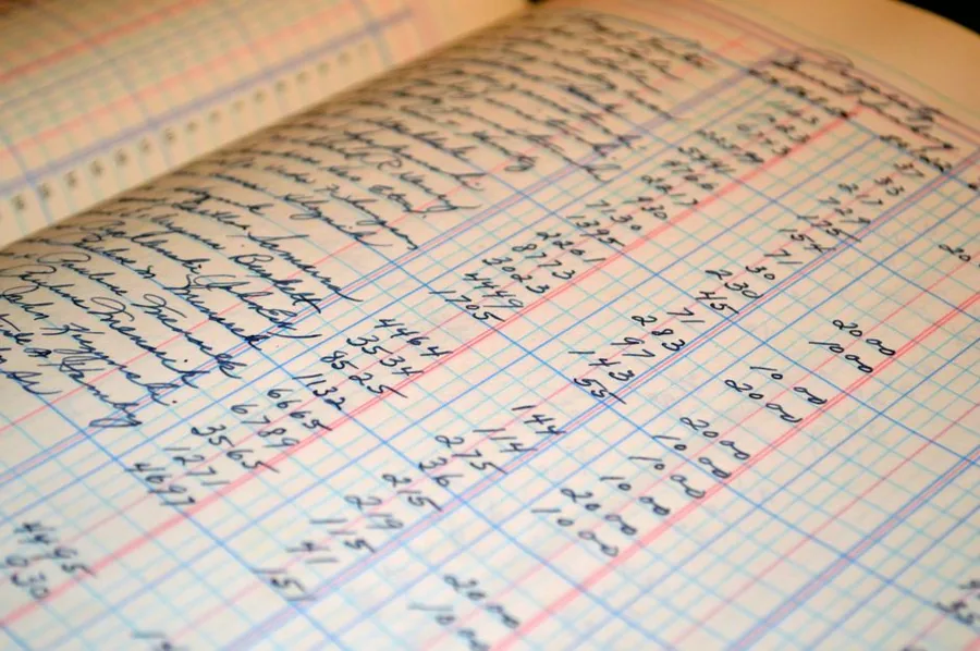 A handwritten bookkeeping ledger recording a jewellery shop's daily sales and stock figures A handwritten bookkeeping ledger recording a jewellery shop's daily sales and stock figures