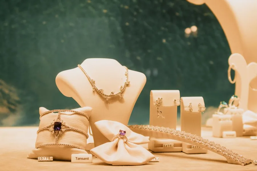 A jewellery retailer's display of price-tagged rings, necklaces and bracelets ready for a year end stock count
