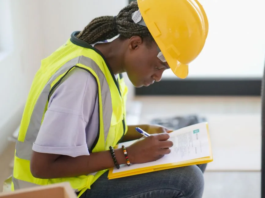 An inspector in a hard hat and hi-vis completing a property safety inspection checklist inside a rental home An inspector in a hard hat and hi-vis completing a property safety inspection checklist inside a rental home
