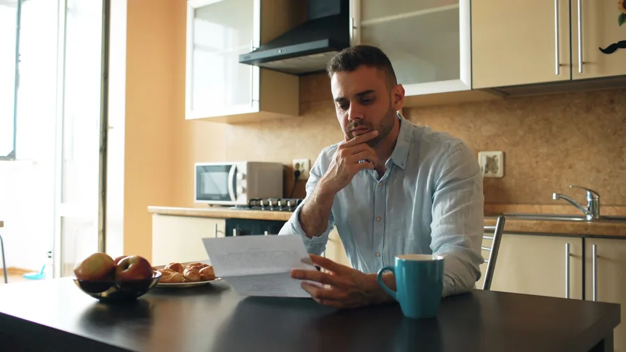 A man at a kitchen table reading a letter thoughtfully before acting on it, a reminder to verify any pension top-up contact with HMRC
