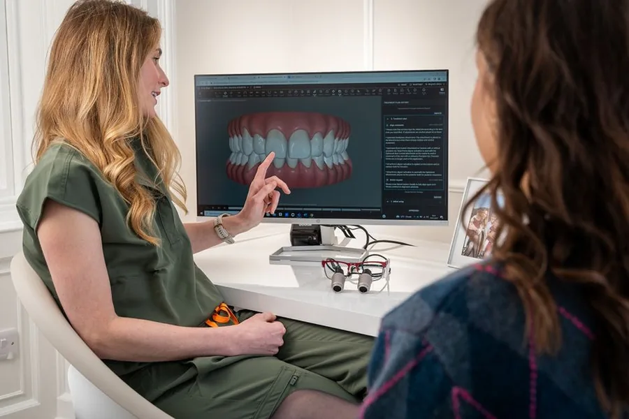 A dentist walking a patient through digital treatment records on screen in a modern UK dental practice A dentist walking a patient through digital treatment records on screen in a modern UK dental practice