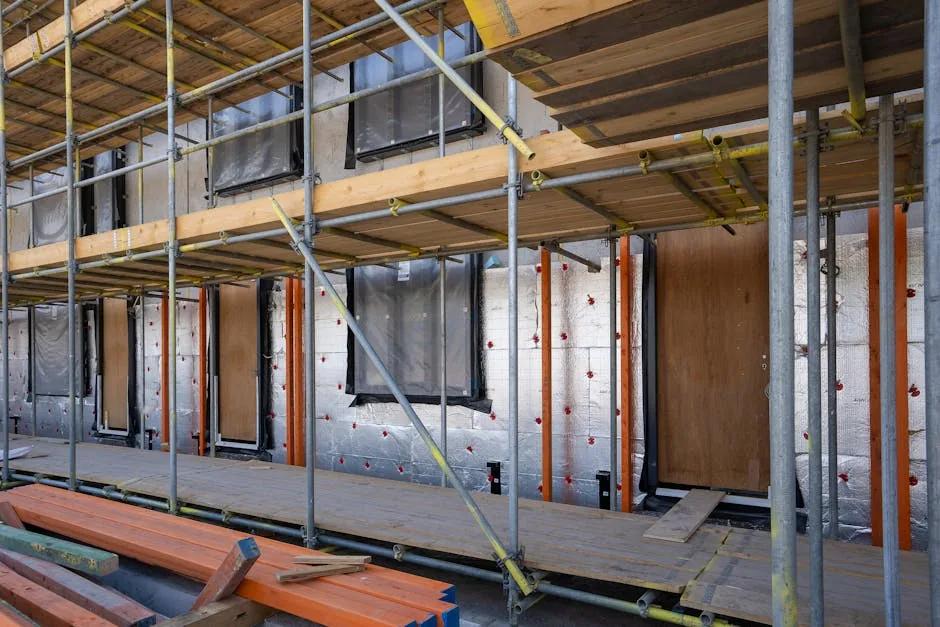 A construction subcontractor preparing a VAT invoice on a laptop on site, with the domestic reverse charge note visible