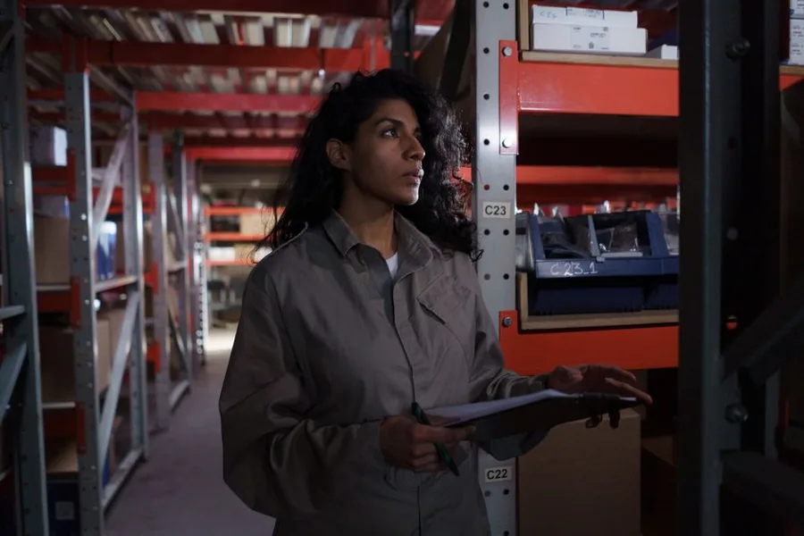 A warehouse worker counting stock against shelving to value inventory before a UK year-end
