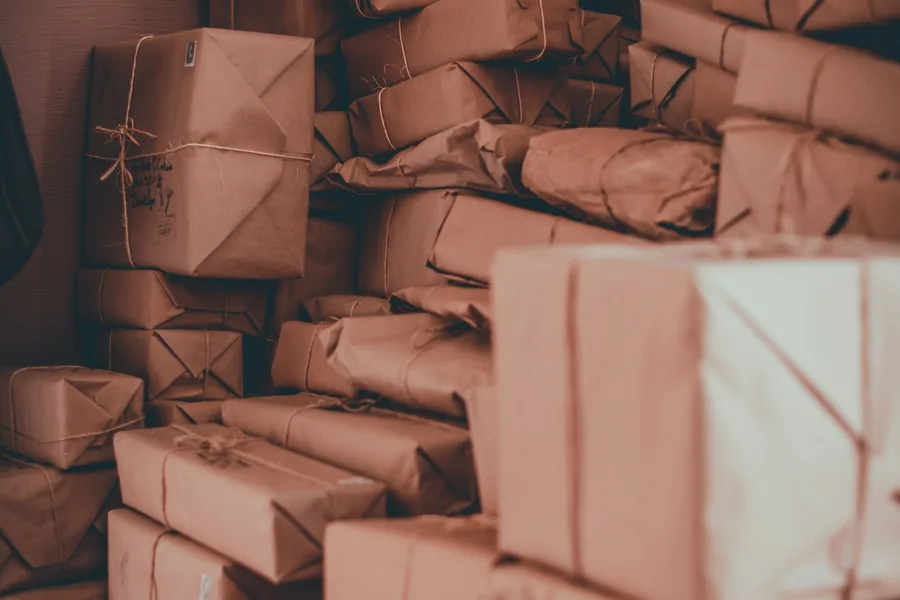 A pile of parcels wrapped in brown paper and string, waiting to be posted to buyers A pile of parcels wrapped in brown paper and string, waiting to be posted to buyers