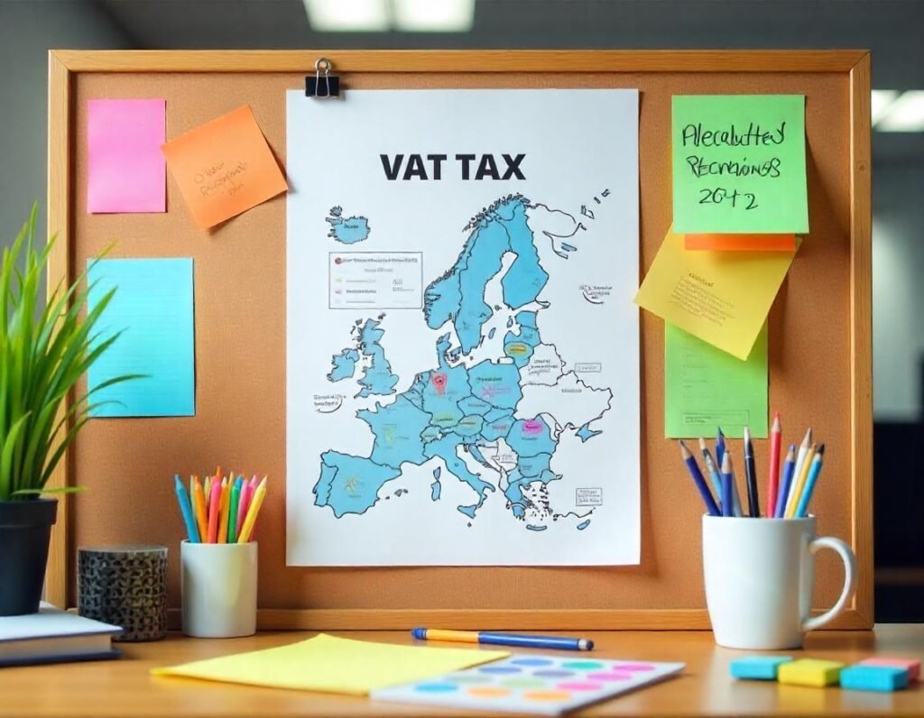 A bulletin board with a VAT tax map and sticky notes, highlighting tax compliance across regions.