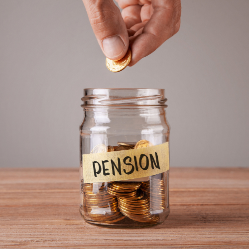 A jar labeled "Pension," symbolizing retirement planning in financial accounting.
