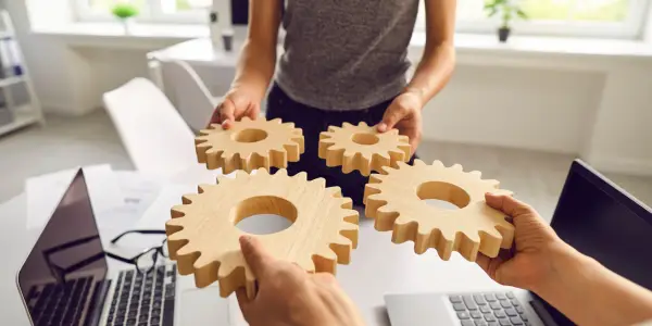 Wooden gears in a hand, symbolizing the interconnected processes of accounting and finance.