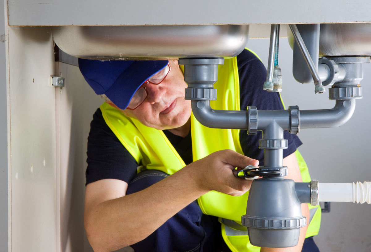 Industrial worker fixing plumbing with tools