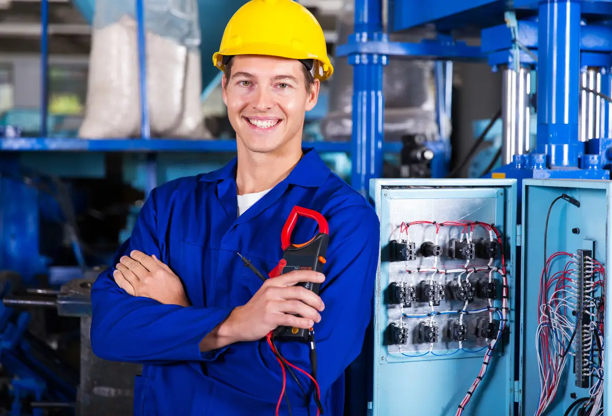 Happy technician in blue uniform working in a factory