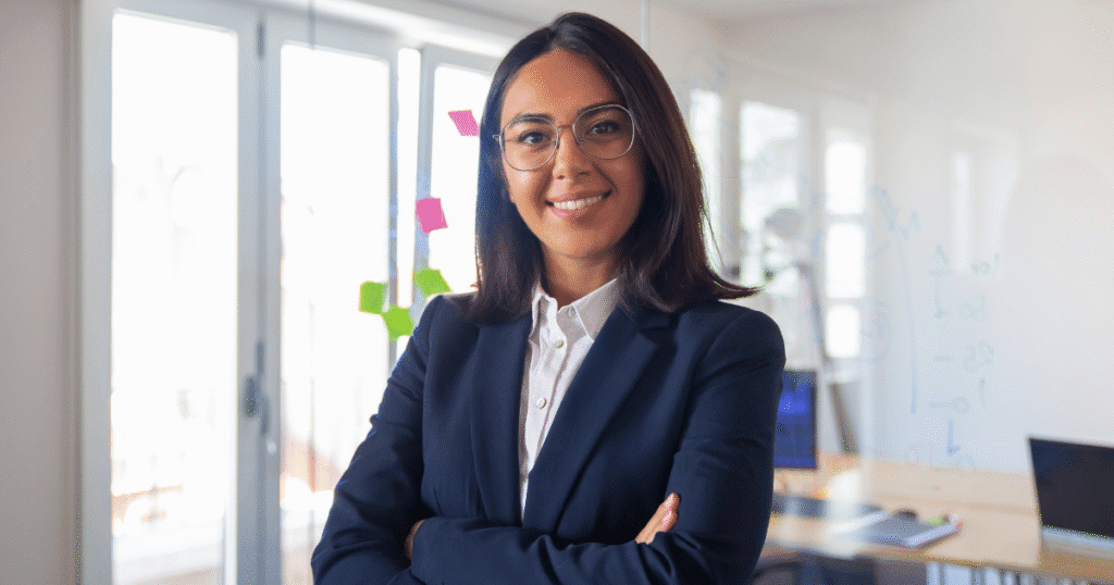 Business leader with future finance dashboard.